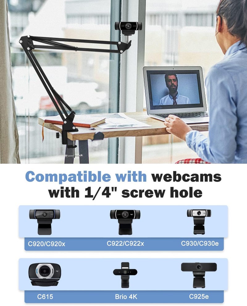 boseen Webcam Stand Desk Mount - Suspension Boom Scissor Arm Webcam Holder with Desk Clamp Mount for Logitech Webcam C920 C922 C922x C920S C930e C930 C615 Brio 4K and Other Devices with 1/4" Thread - Image 2
